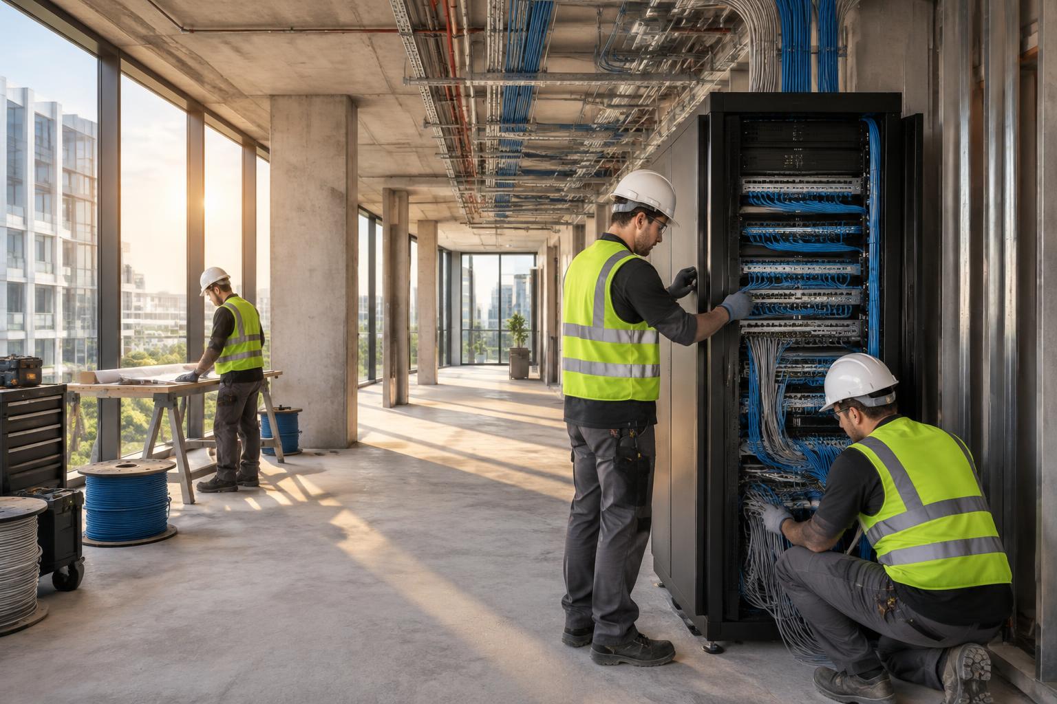 Instaladores organizando cableado estructurado en una torre en construcción