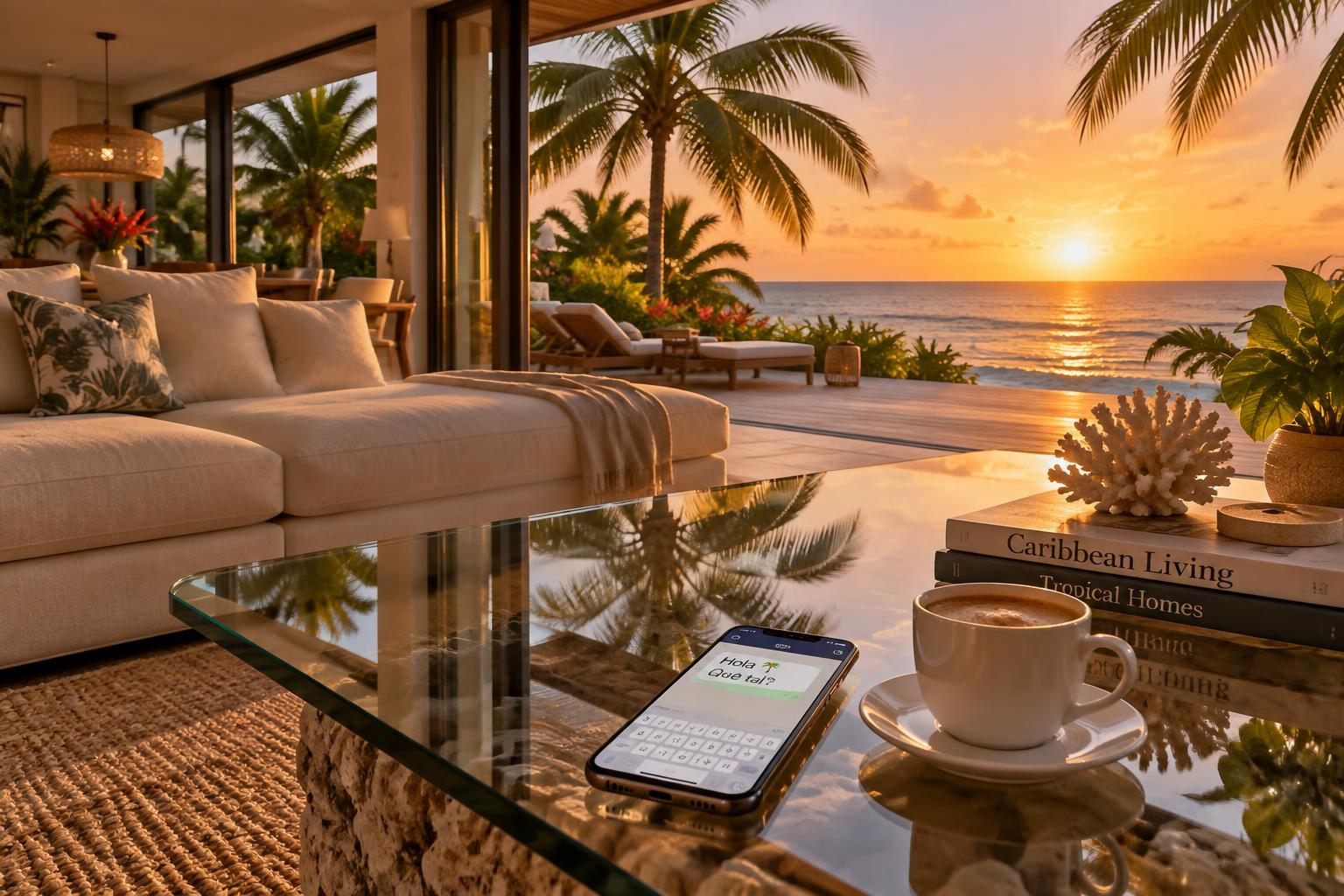 Sala de estar al atardecer con un smartphone sobre la mesa