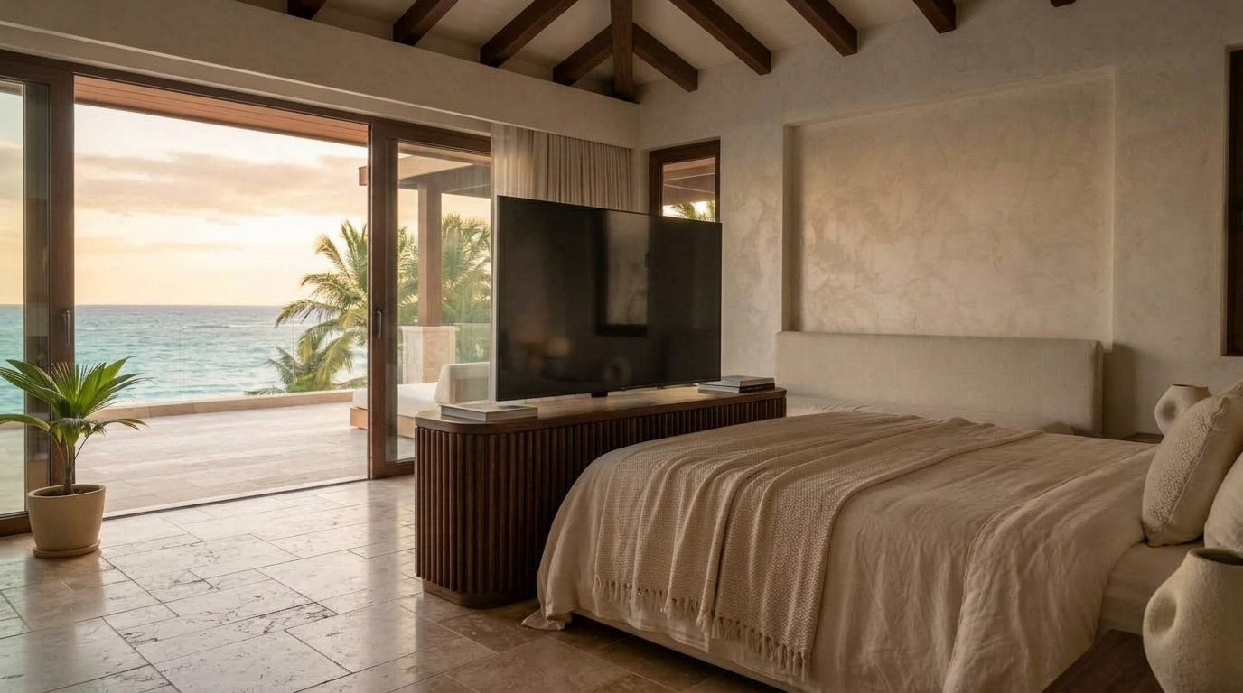 Dormitorio terminado con televisión y vista al mar
